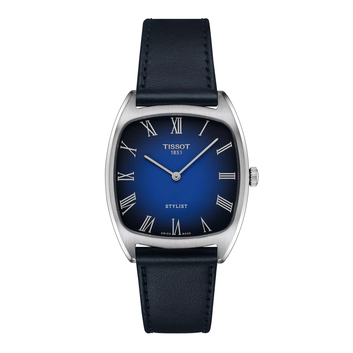 Uhr mit quadratischem Gehäuse, blauem Zifferblatt und schwarzem Lederarmband