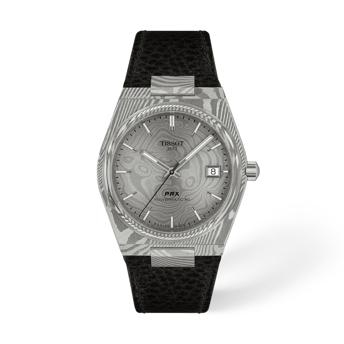 Uhr mit 38 mm Gehäuse aus Damaststahl, silbernem Zifferblatt und schwarzem Lederarmband