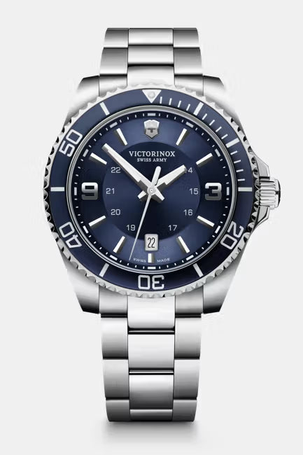 Herrenarmbanduhr mit blauem Zifferblatt, Edelstahl-Gehäuse und -Armband, drehbare Lünette