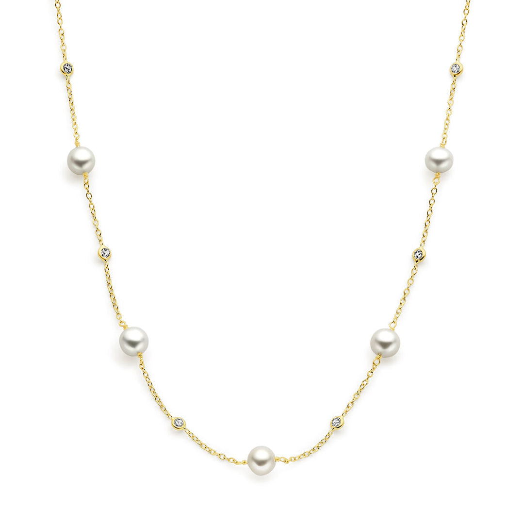 Gold Damenhalskette Perle und Zirkonia 14K