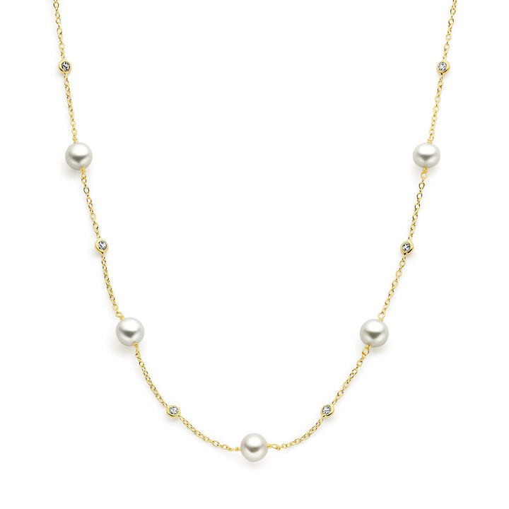 Gold Damenhalskette Perle und Zirkonia 14K