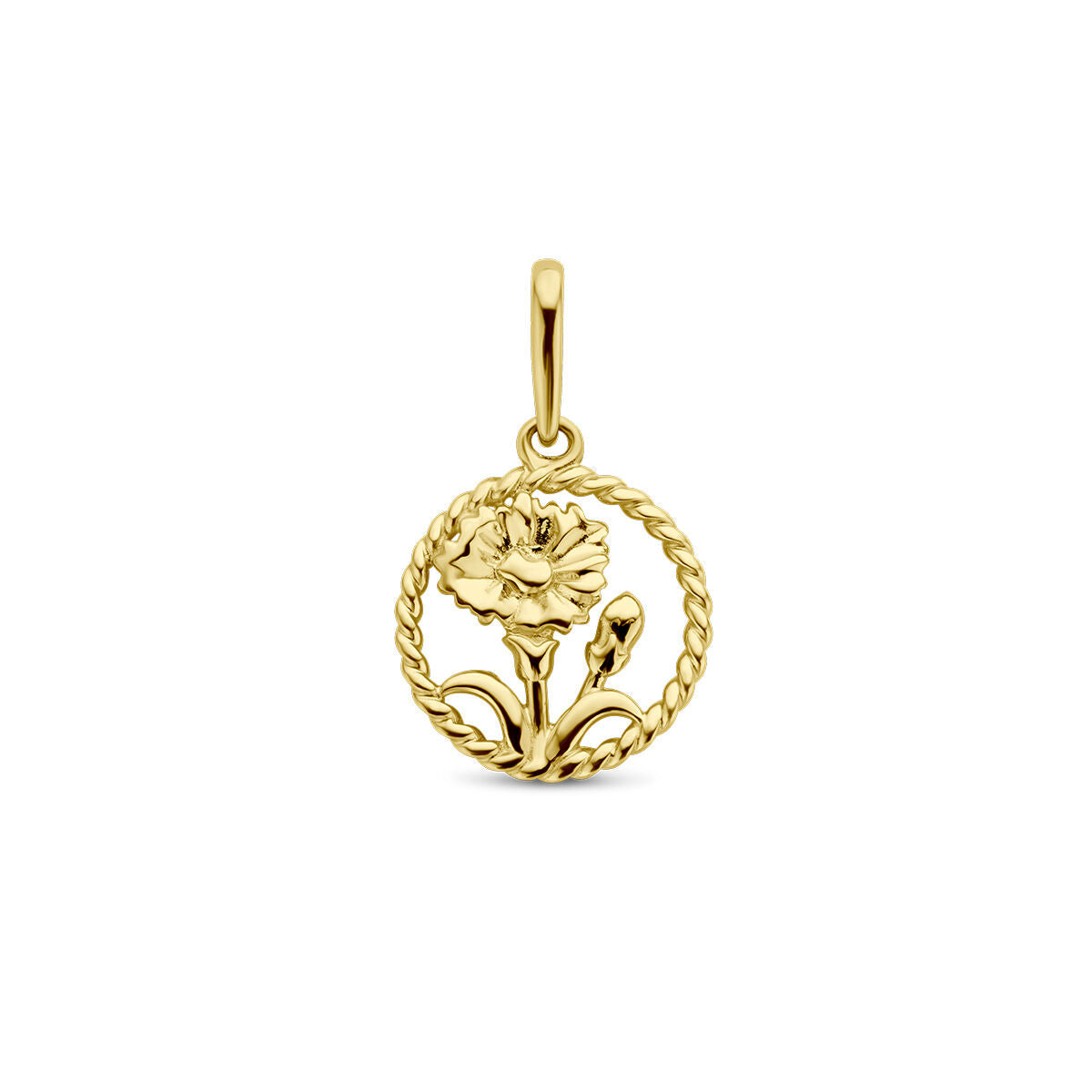 Hänger aus 14K Gelbgold mit floralen Motiven in runder Form und geflochtenem Rand