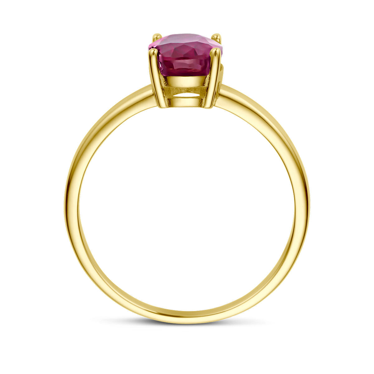 De Van der Kooij Collectie ring robijn 14K geelgoud heeft een ronde roze edelsteen in een viersprong zetting, van opzij gezien tegen een witte achtergrond.