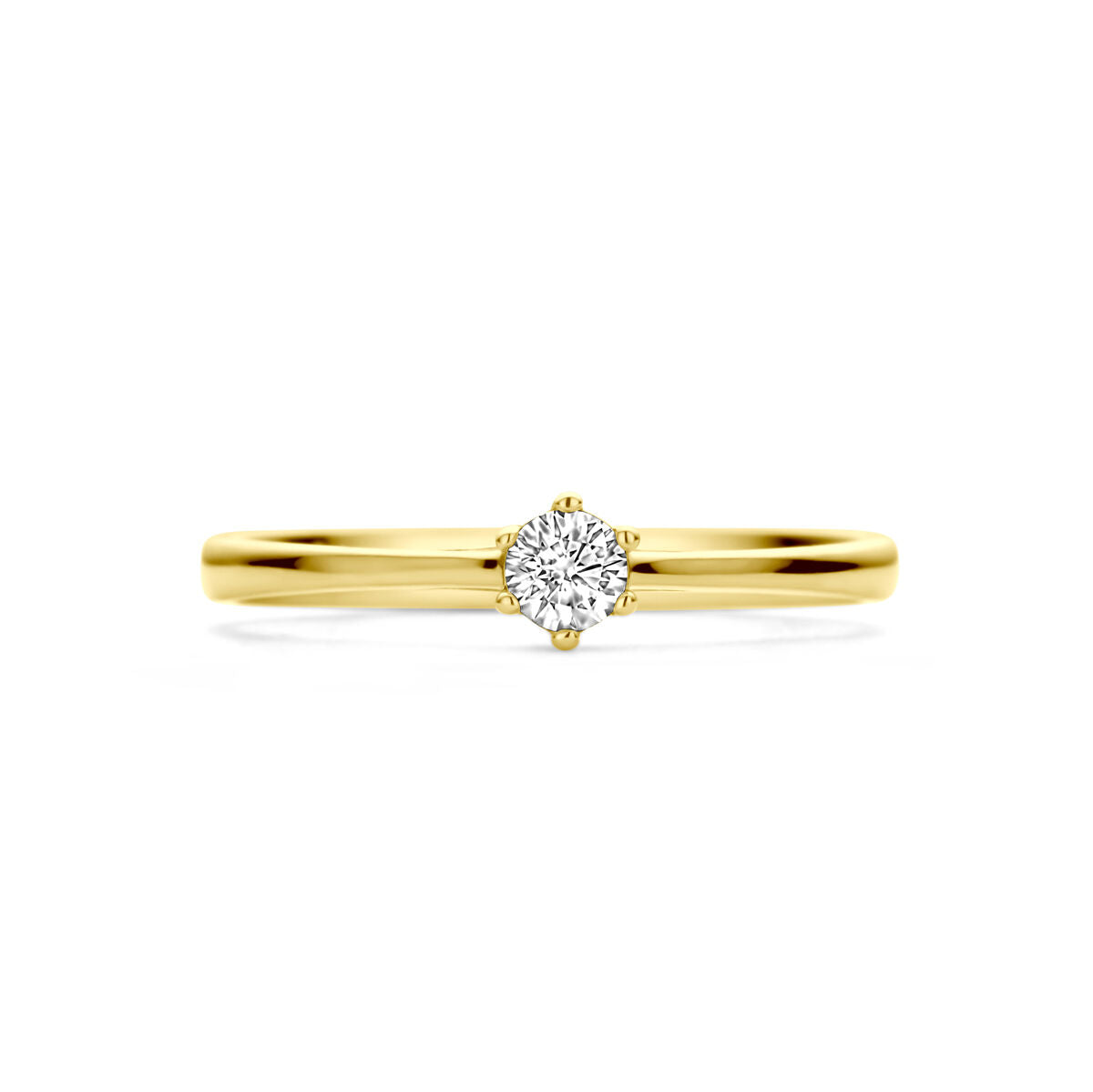 De Van der Kooij Collectie ring zirkonia 14K geelgoud heeft een enkele ronde zirkonia in een klassieke viertandzetting, weergegeven tegen een witte achtergrond.