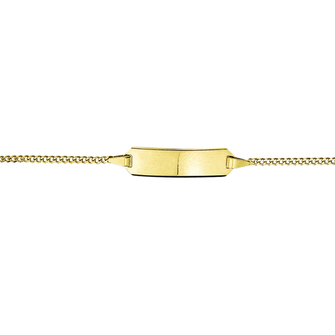 De 9K graveerarmband plaat 5,0 mm uit de Van der Kooij Collectie is een gouden schakelarmband in geelgoudkleur met een plat, rechthoekig gepolijst middenstuk.