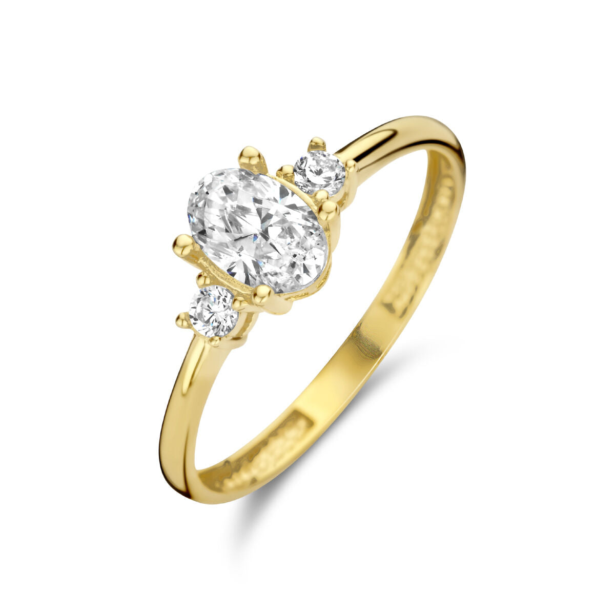 Ring aus 14K Gelbgold mit ovalem Zirkonia und zwei runden Zirkonia an den Seiten