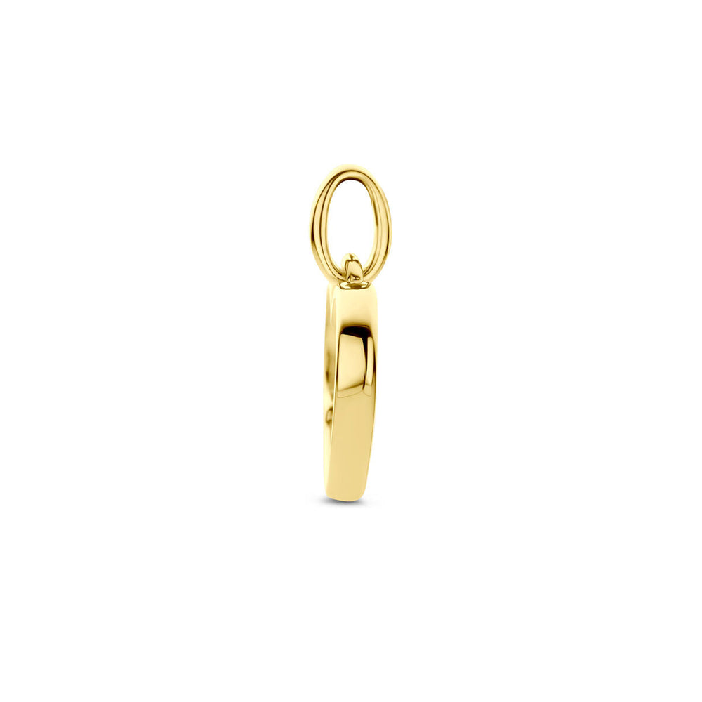 Zijaanzicht van een klein, gepolijst Van der Kooij Collectie hanger hart en diamant 0.01ct h p1 14K geelgoud met een gladde, afgeronde rechthoekige vorm en ronde lus, afgebeeld tegen een effen witte achtergrond.