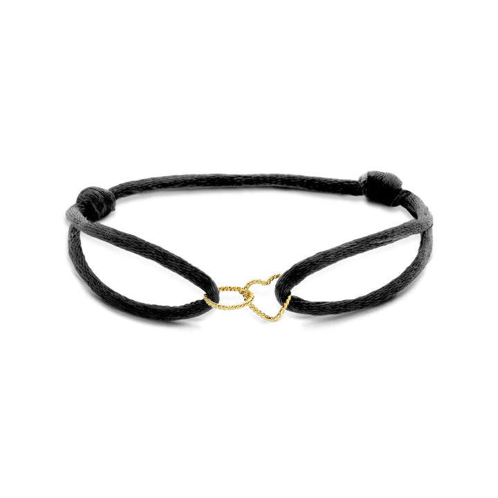 Armband aus satiniertem Herz und rundem, gedrehtem 14-karätigem Gold mit Kautschuk/Nylon/Leder