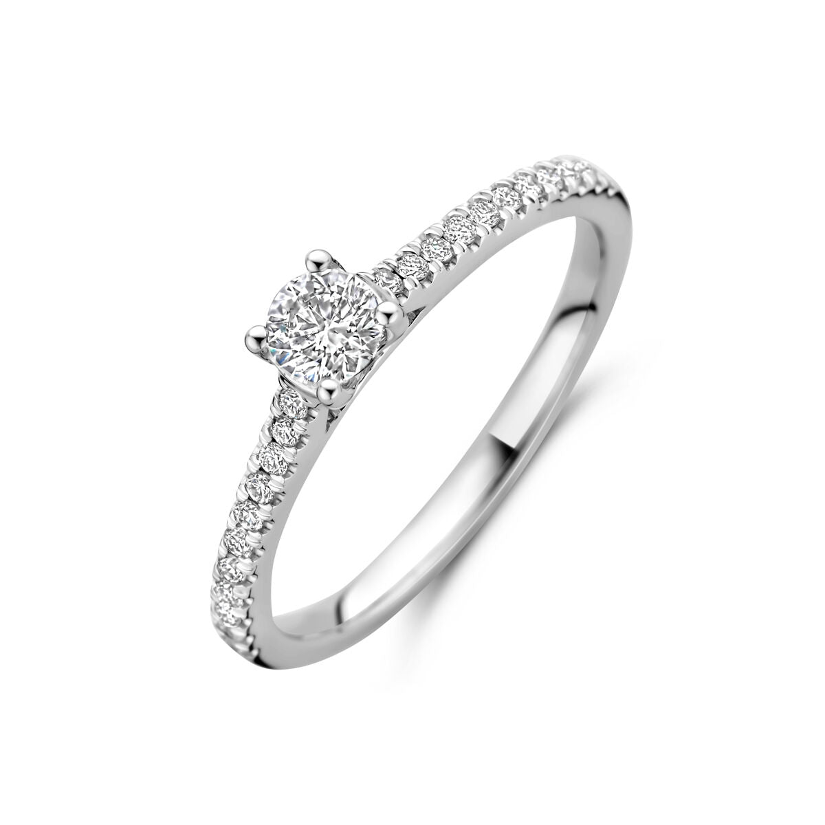 Ring aus 14K Weißgold mit einem 0,39 ct lab-grown Diamanten und kleinen, funkelnden Steinen am Band
