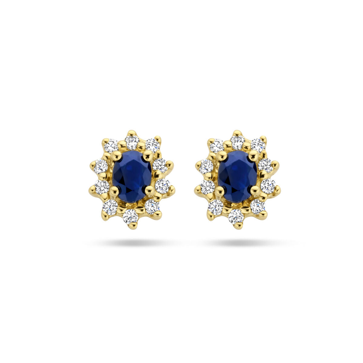 Ohrstecker aus 14K Gelbgold mit blauen Saphiren und Zirkonia-Halo