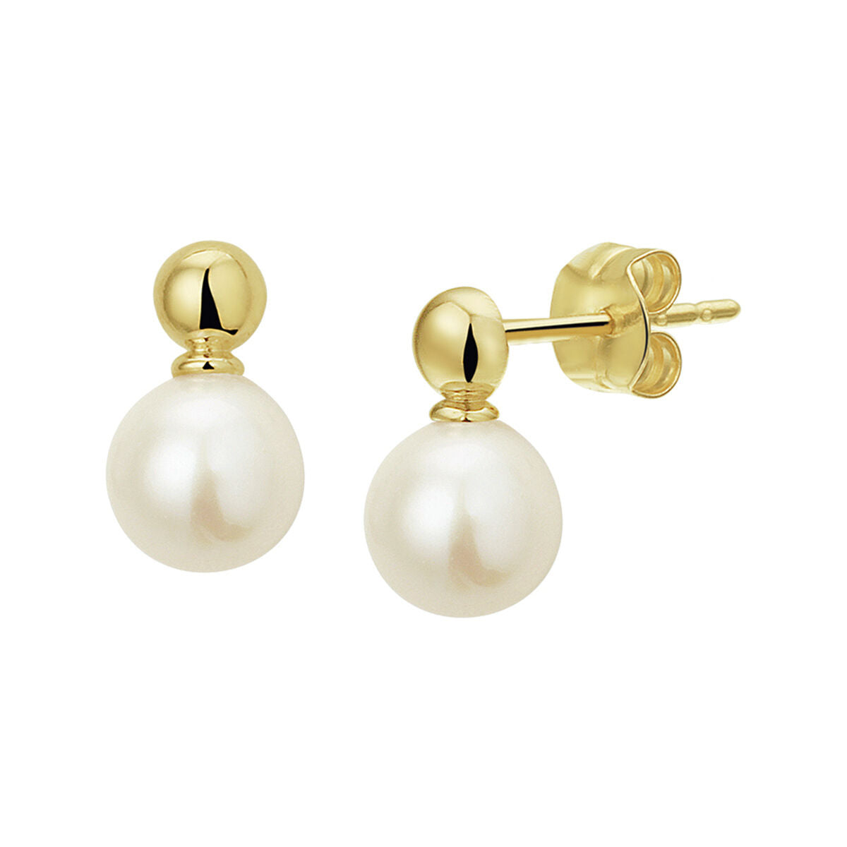 Ohrstecker aus 14K Gelbgold mit weißen Perlen und runder goldener Kugel.