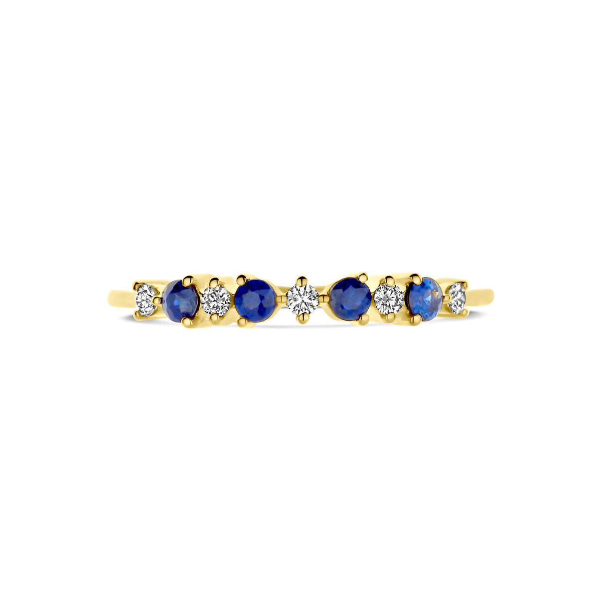 De Van der Kooij Collectie ring blauw saffier en diamant 0.08ct h si is een delicate 14K geelgouden ring met afwisselend ronde blauwe saffieren en kleine diamanten gezet in een rij over de band.