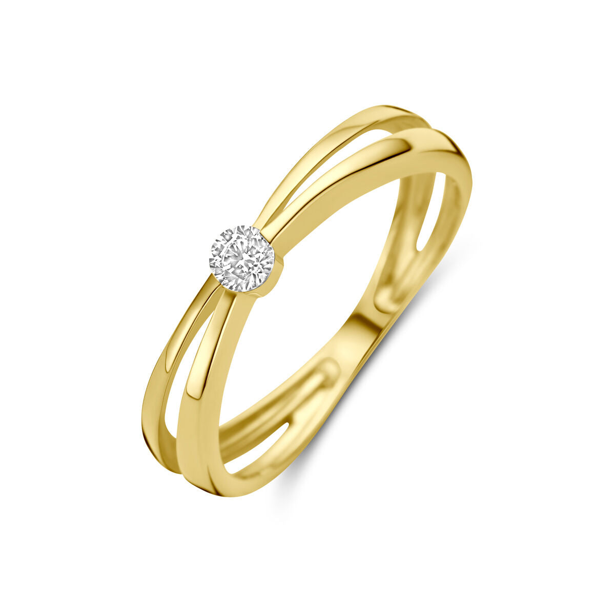 Ring aus 14K Gelbgold mit Zirkonia und zwei geschwungenen Bändern