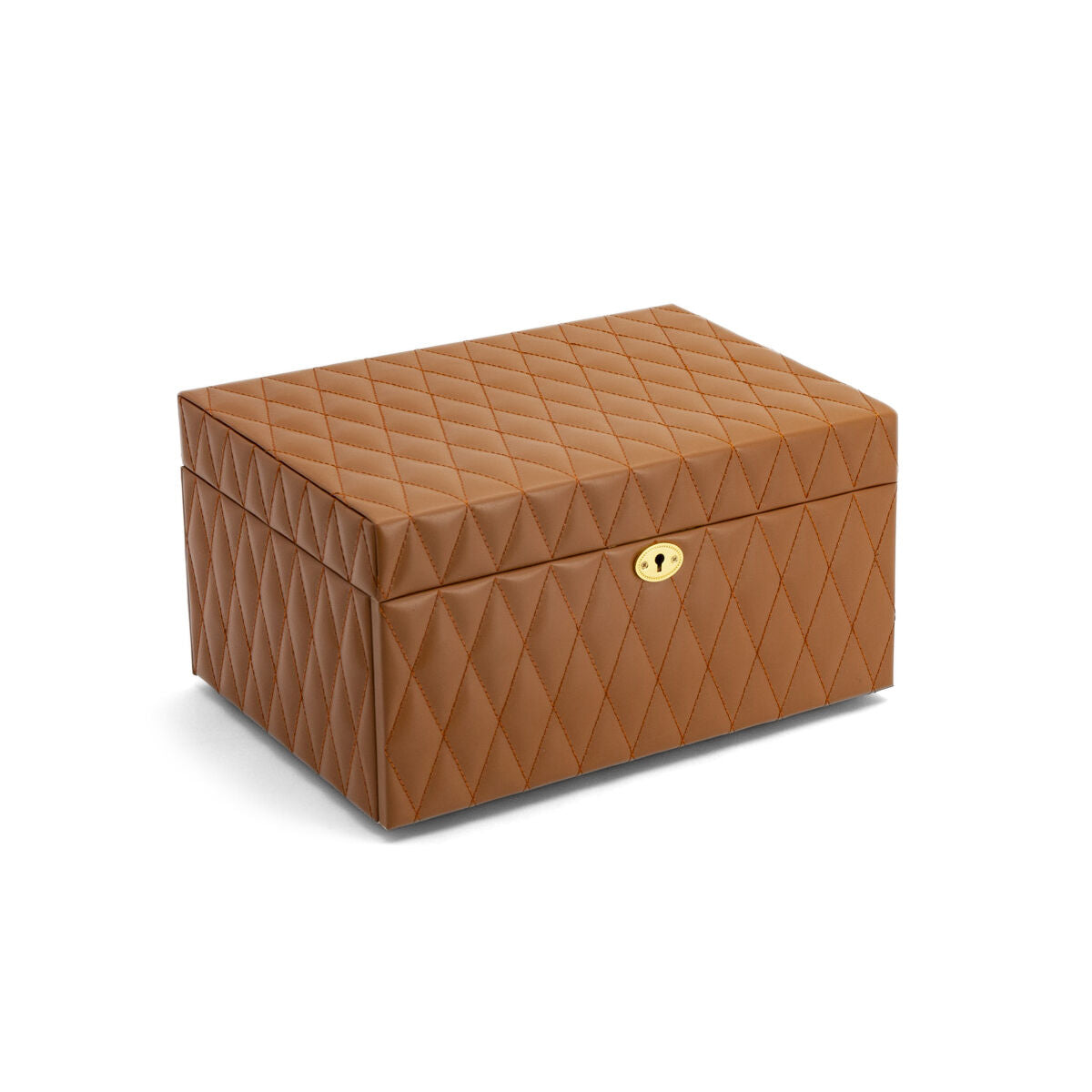 Braune Schmuckbox mit gestepptem Design und goldfarbenem Verschluss