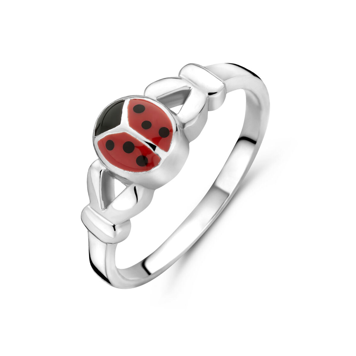 Ring aus Silber mit rotem Marienkäfer und schwarzen Punkten