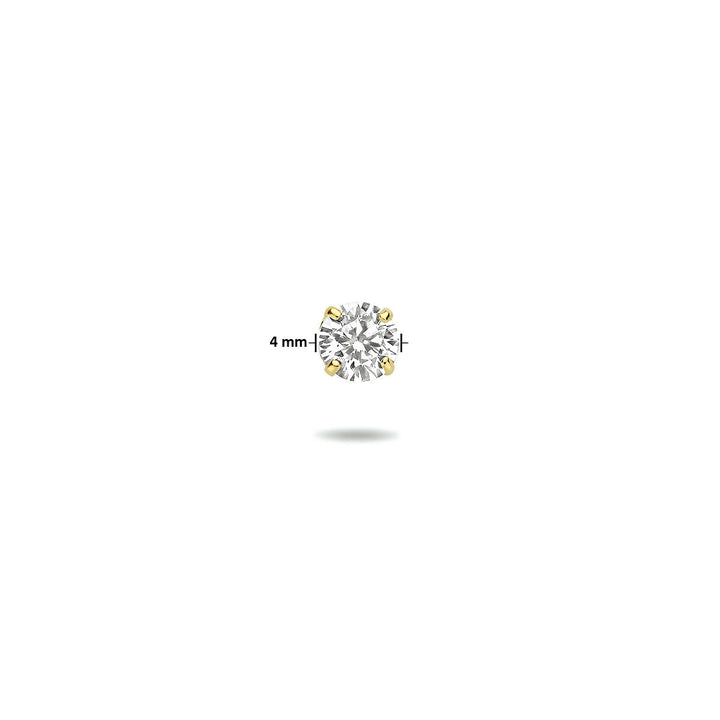 Een enkele oorknop zirkonia per stuk 14K geelgoud van Van der Kooij Collectie, met een 4mm zirkonia stud gezet in geelgoud, gecentreerd op een witte achtergrond. Ideaal voor dames oorbellen collecties.