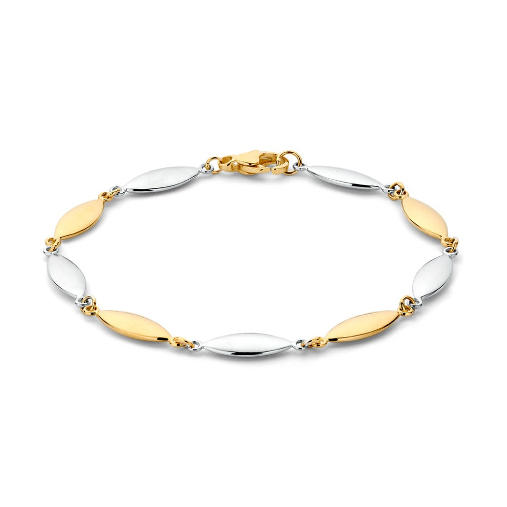 Bicolor Armband mit alternierenden silbernen und goldenen Elementen sowie kleinen Steinen
