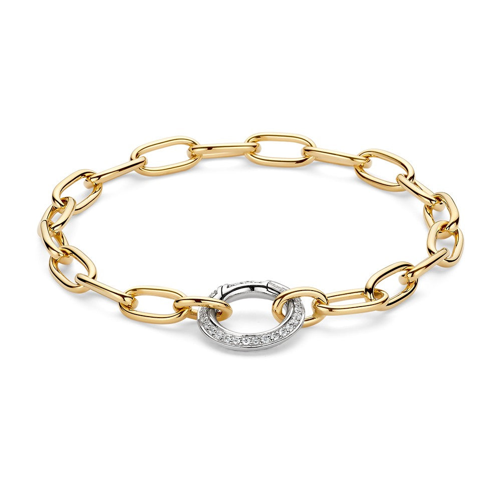 Elegante Gelbgoldene Gliederarmband mit weißgoldenem Federringverschluss und Diamanten