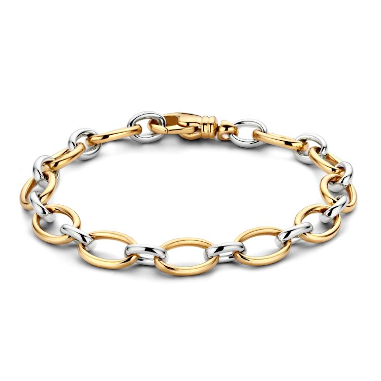 Elegante Damenarmband aus 14-karätigem Gelbgold und Weißgold, 19,5 cm lang mit ovalen Gliedern