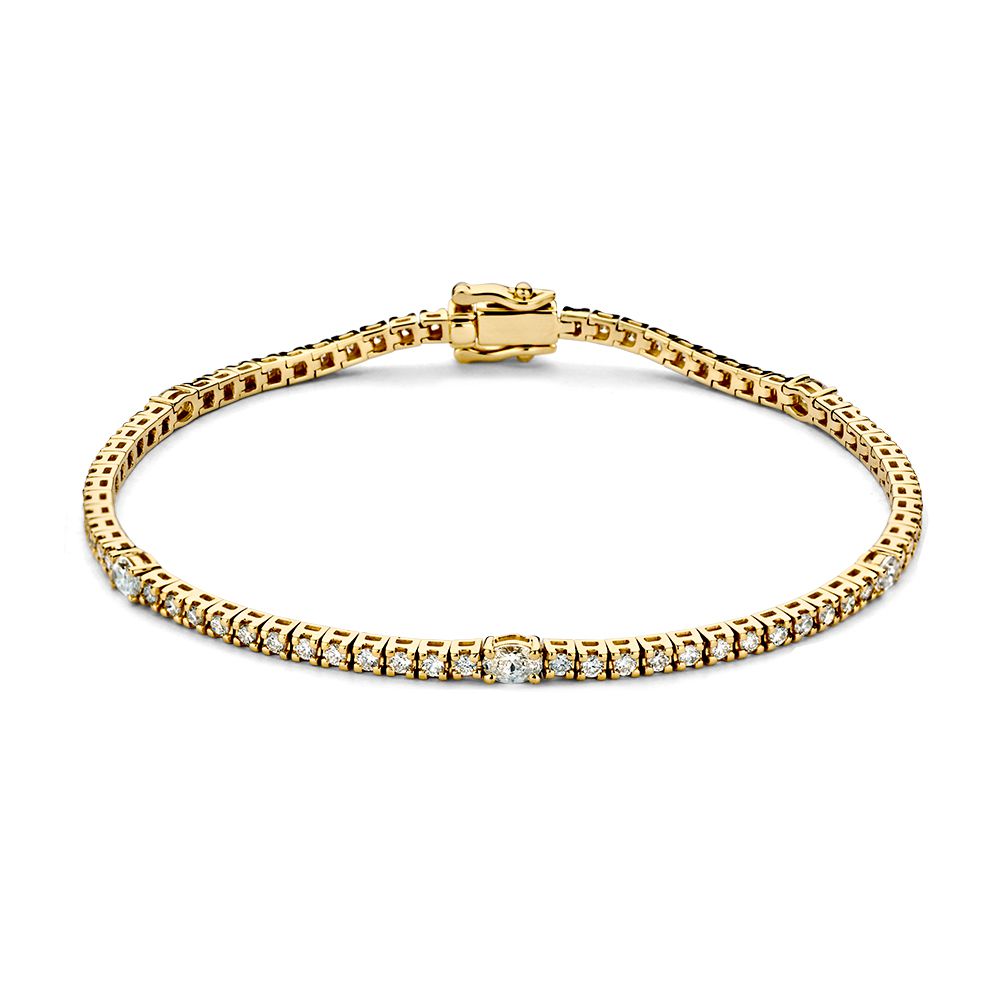 Gelbgoldene Tennisarmband mit Brillanten und pear-facettierten Diamanten, 14 Karat Gold, 1,80 Karat Diamant