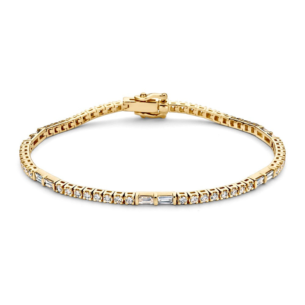 Gelbgoldene Tennisarmband mit Baguette- und Brillanten-Diamanten, 14 Karat Gold, 1,90 Karat Diamant