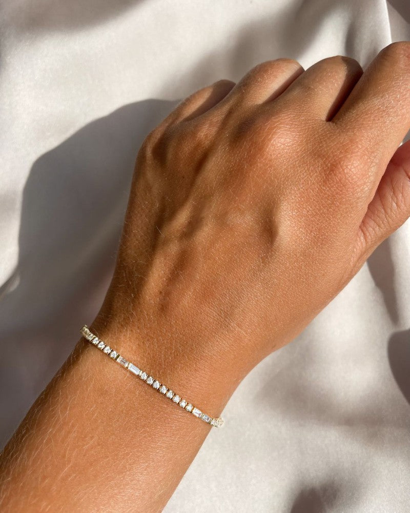 Gelbgold-Tennisarmband mit Baguette- und Brillantschliff-Diamanten – 14 Karat Gold, 1,90 Karat Diamant, Luxusarmband für Damen