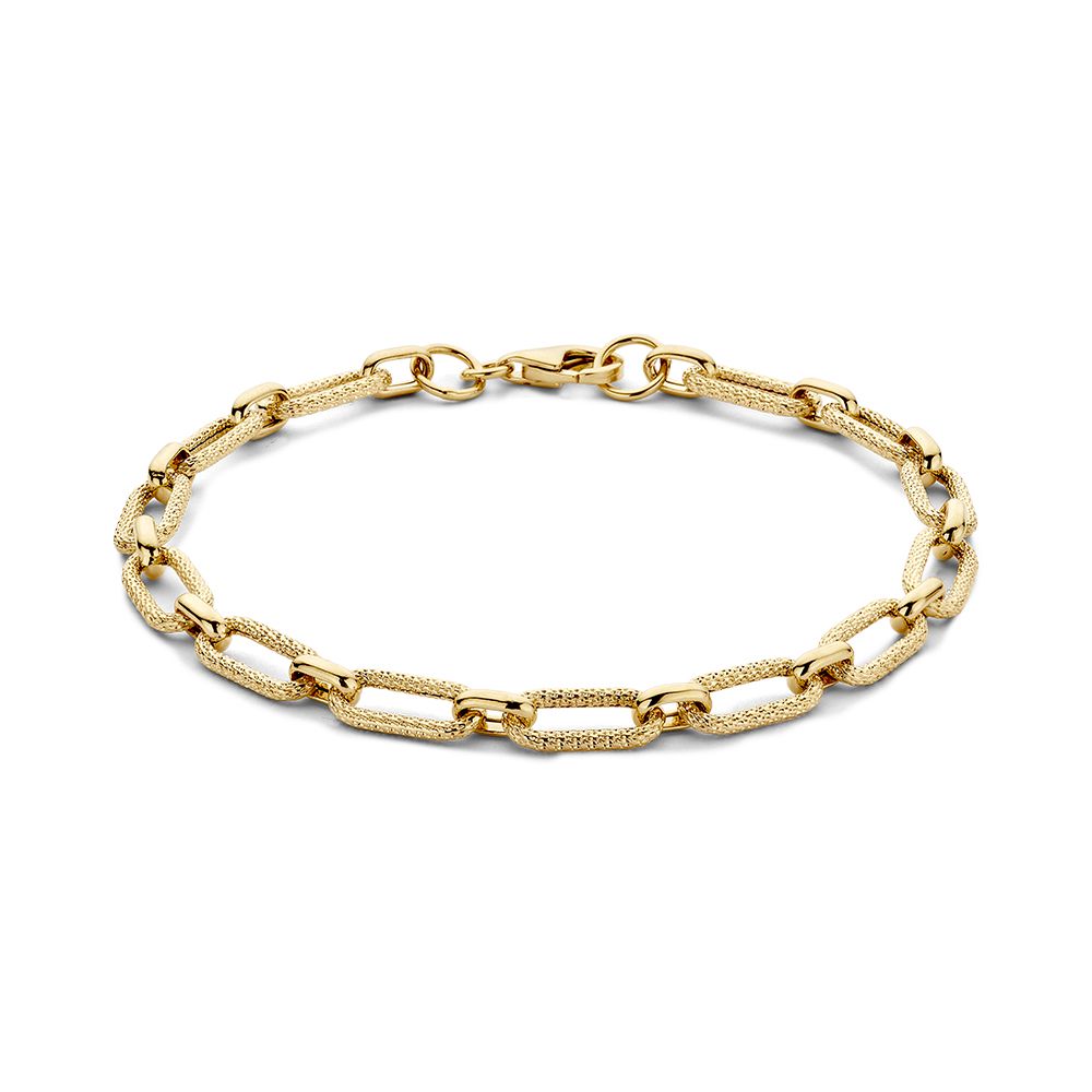 Gelbgoldene Schakelarmband mit bearbeiteten Gliedern, 14 Karat, 19 cm lang