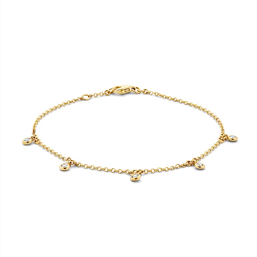 Armband aus 14-karätigem Gelbgold mit fünf hängenden Diamanten, Länge 18-19 cm