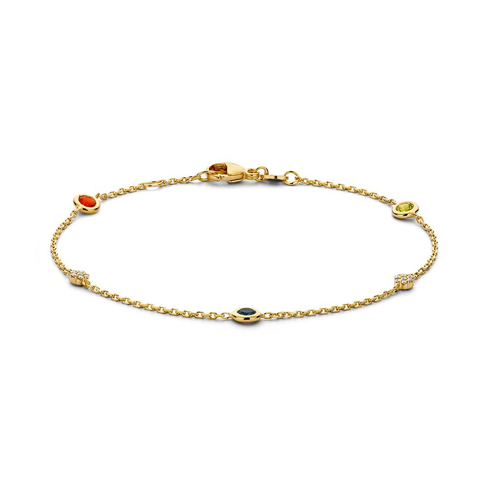 Gelbgoldene Armband mit London Blue Topas, Peridot, Feueropal und Diamant in 14 Karat Gold