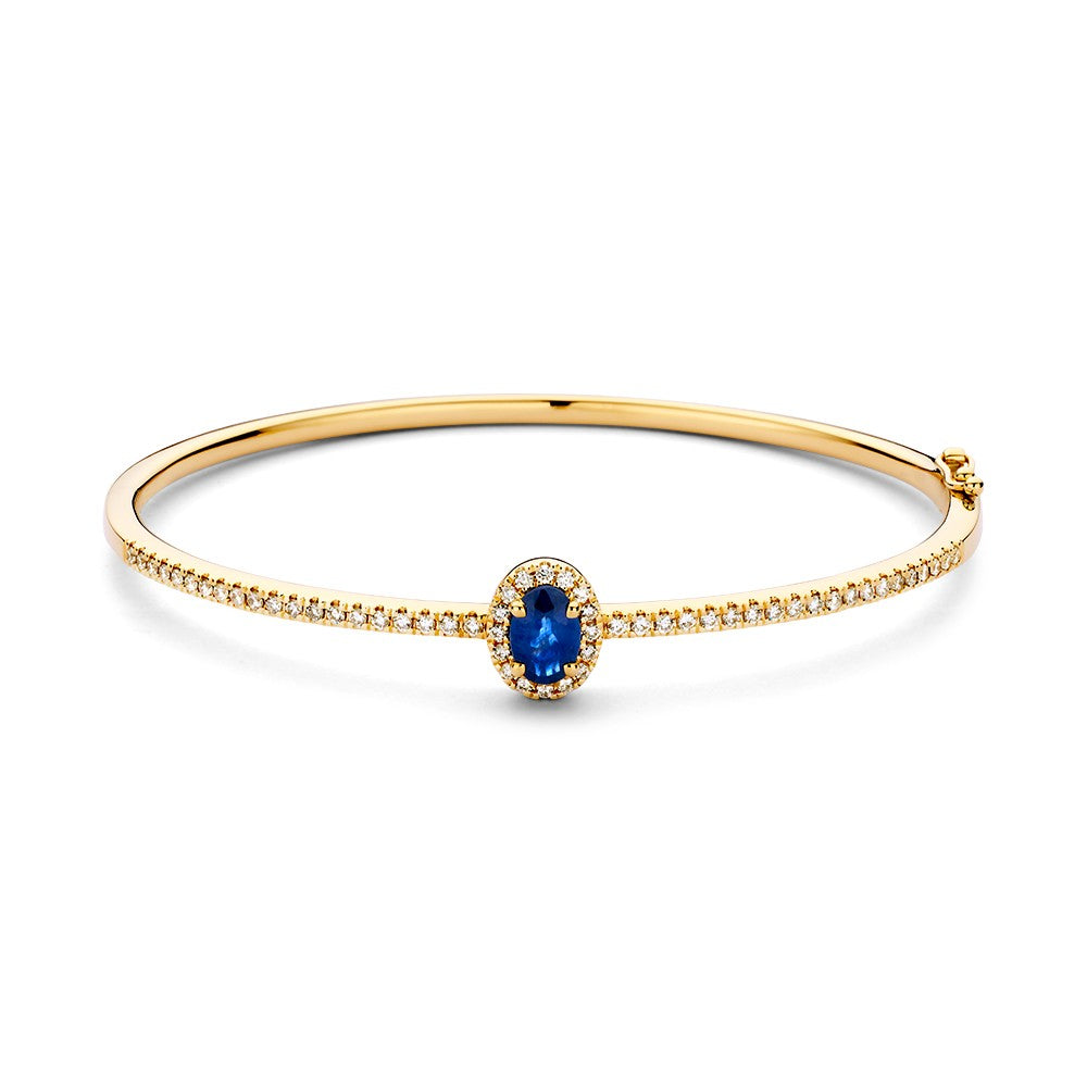 Goldene Bangle mit ovalem blauen Saphir und kleinen Diamanten, 14 Karat, mit funkelndem Design