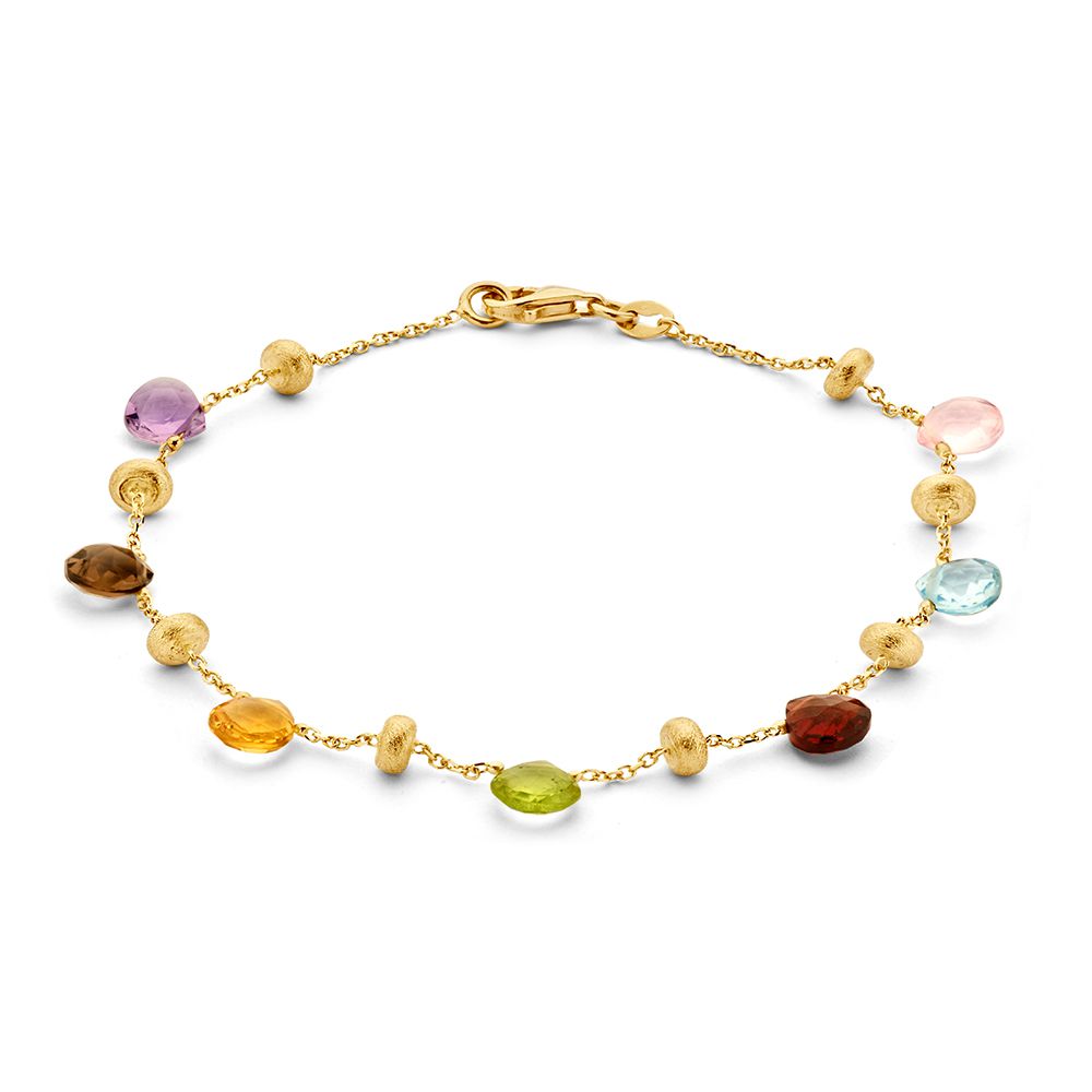 Gelbgoldene Armband mit bunten Edelsteinen und runden Zwischenstücken aus 14 Karat Gold