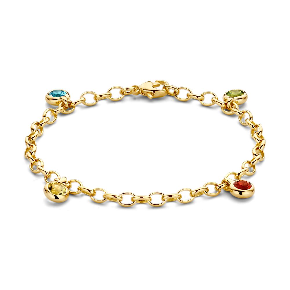 Armband aus 14-karätigem Gold mit bunten Edelstein-Anhängern in Blau, Grün und Rot