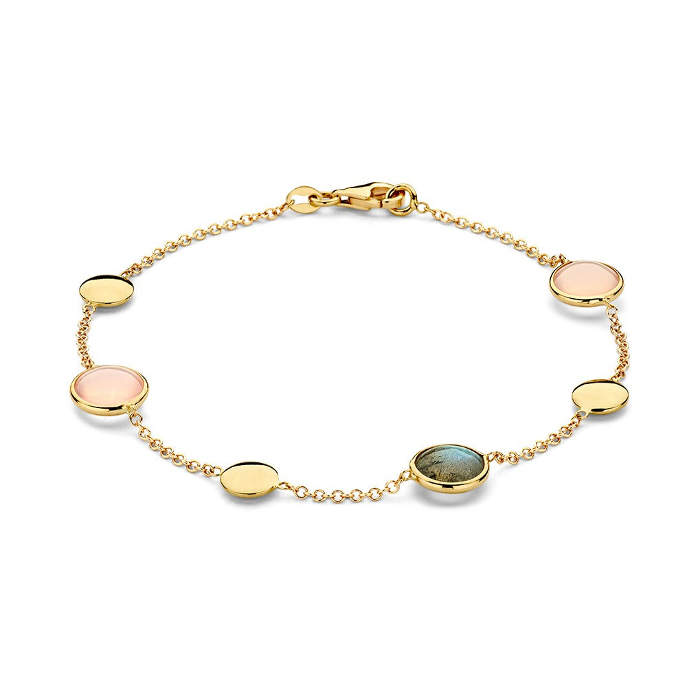 Gelbgoldene Armband mit Labradorit und Rosenquarz, 14 Karat, 19 cm lang, mit runden Edelsteinen