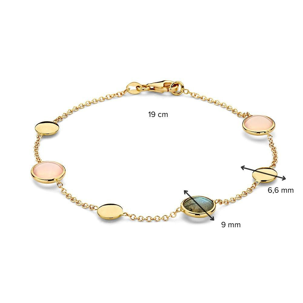 Gelbgoldarmband mit Labradorit und Rosenquarz – 14 Karat, 19 cm