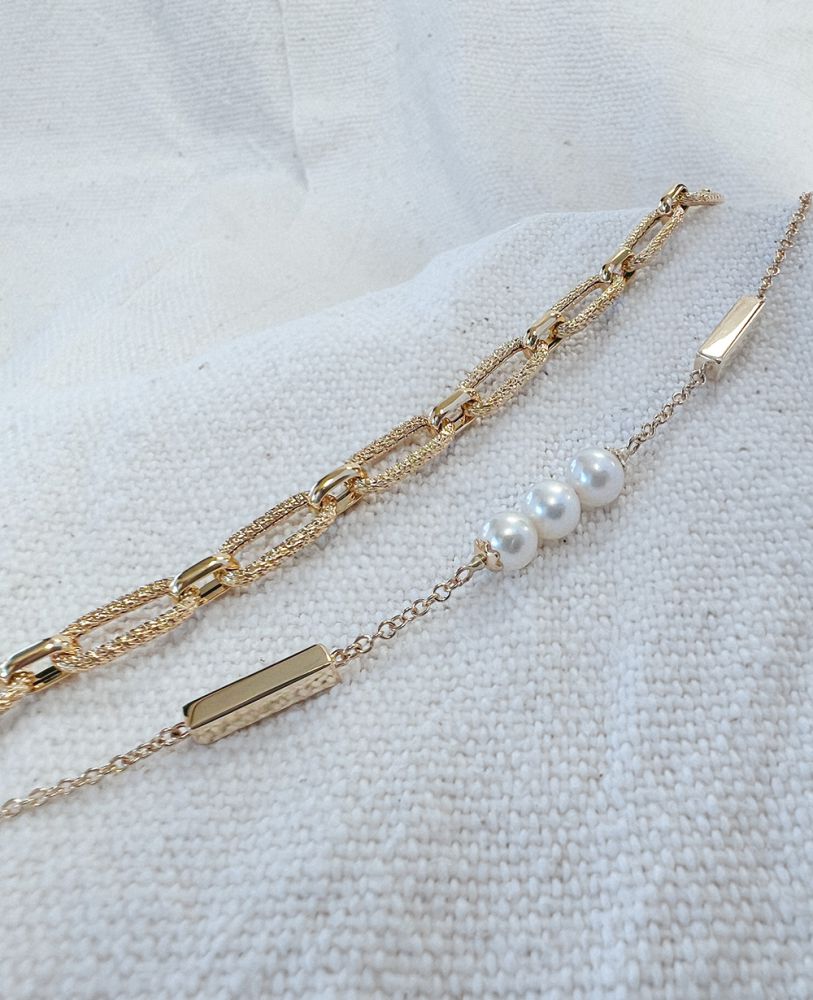 Gelbgoldarmband mit Stäbchen und Süßwasserperlen – 14 Karat Damenarmband 19 cm