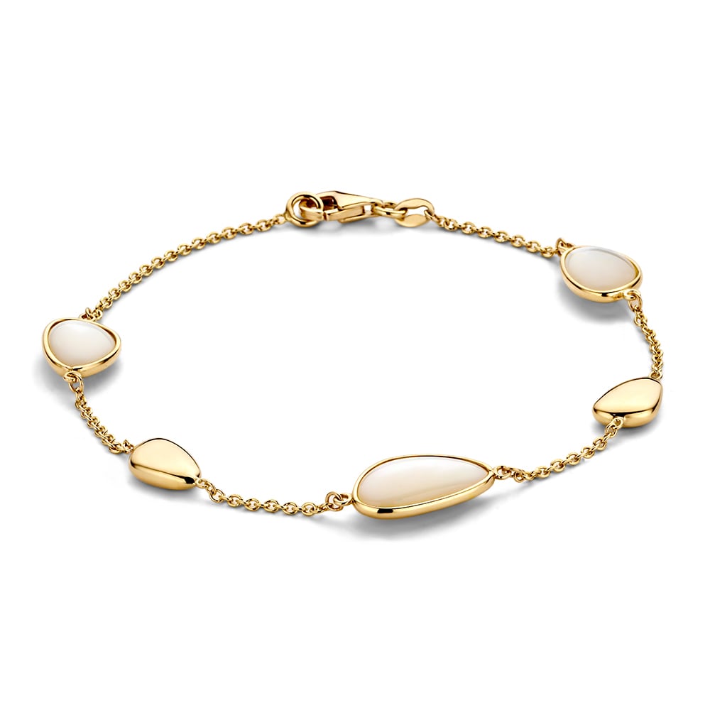 Armband aus 14 Karat Gelbgold mit fünf tropfenförmigen Perlmutt-Elementen und feiner Gliederkette