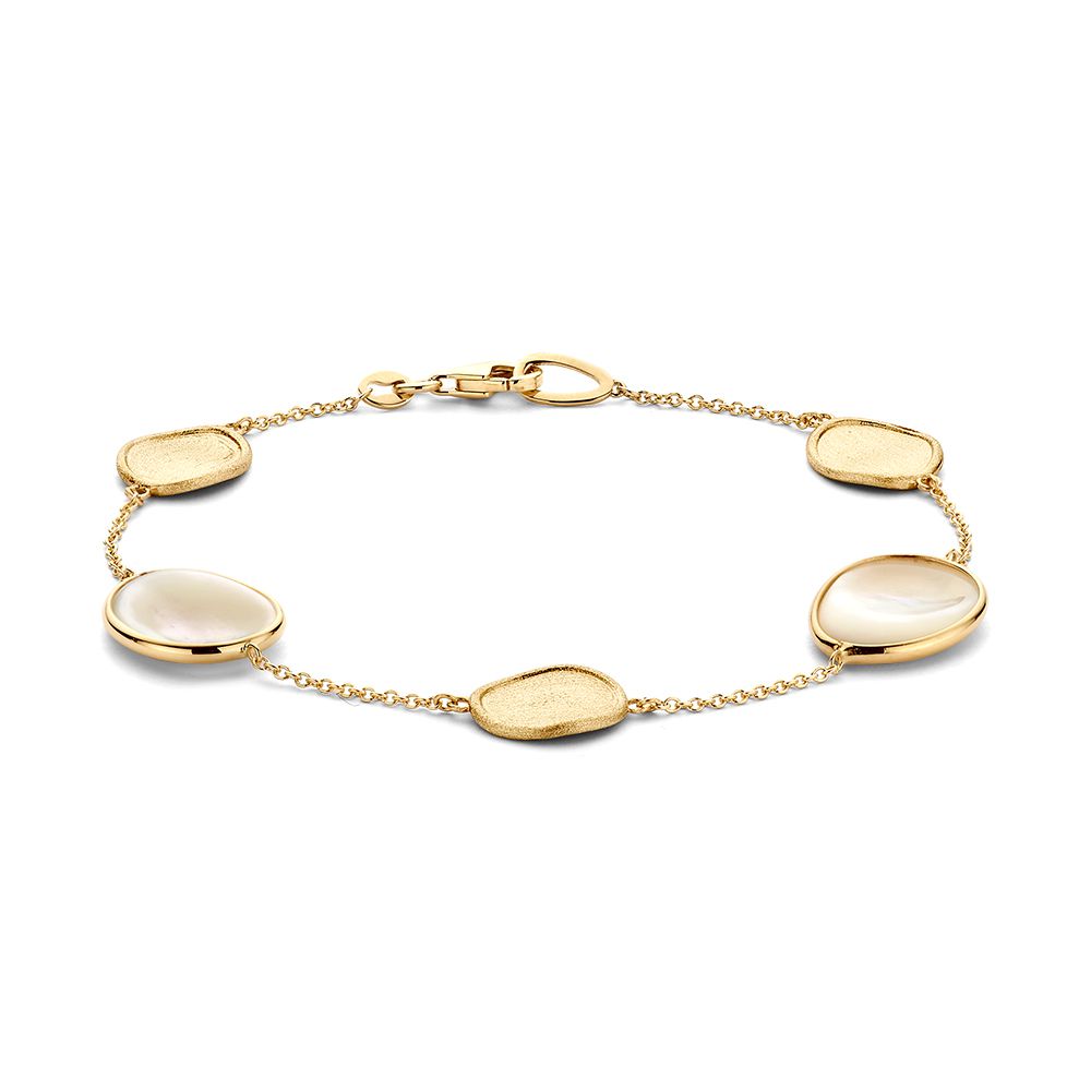 Gelbgoldene Armband mit matten Elementen und Perlmutt, fünf ovale Anhänger, feine Gliederkette
