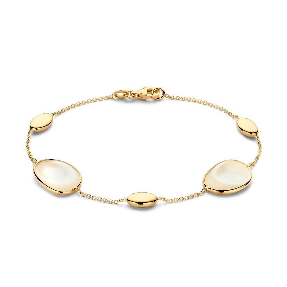 Gelbgoldene Armband mit Perlmutt-Elementen, ovalen und runden Details, 14 Karat