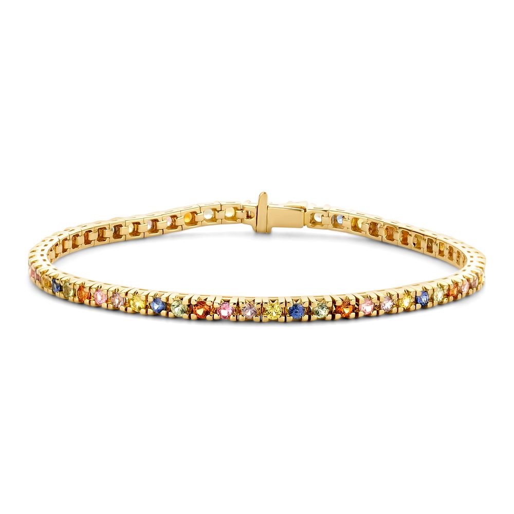 Gelbgoldene Tennisarmband mit Regenbogen-Saphiren, 14 Karat, 3,65 ct, funkelnde Steine in verschiedenen Farben