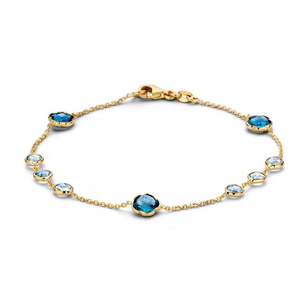 Armband aus 14-karätigem Gelbgold mit blauen Topasen, 19 cm lang, mit feiner Kettengliederung
