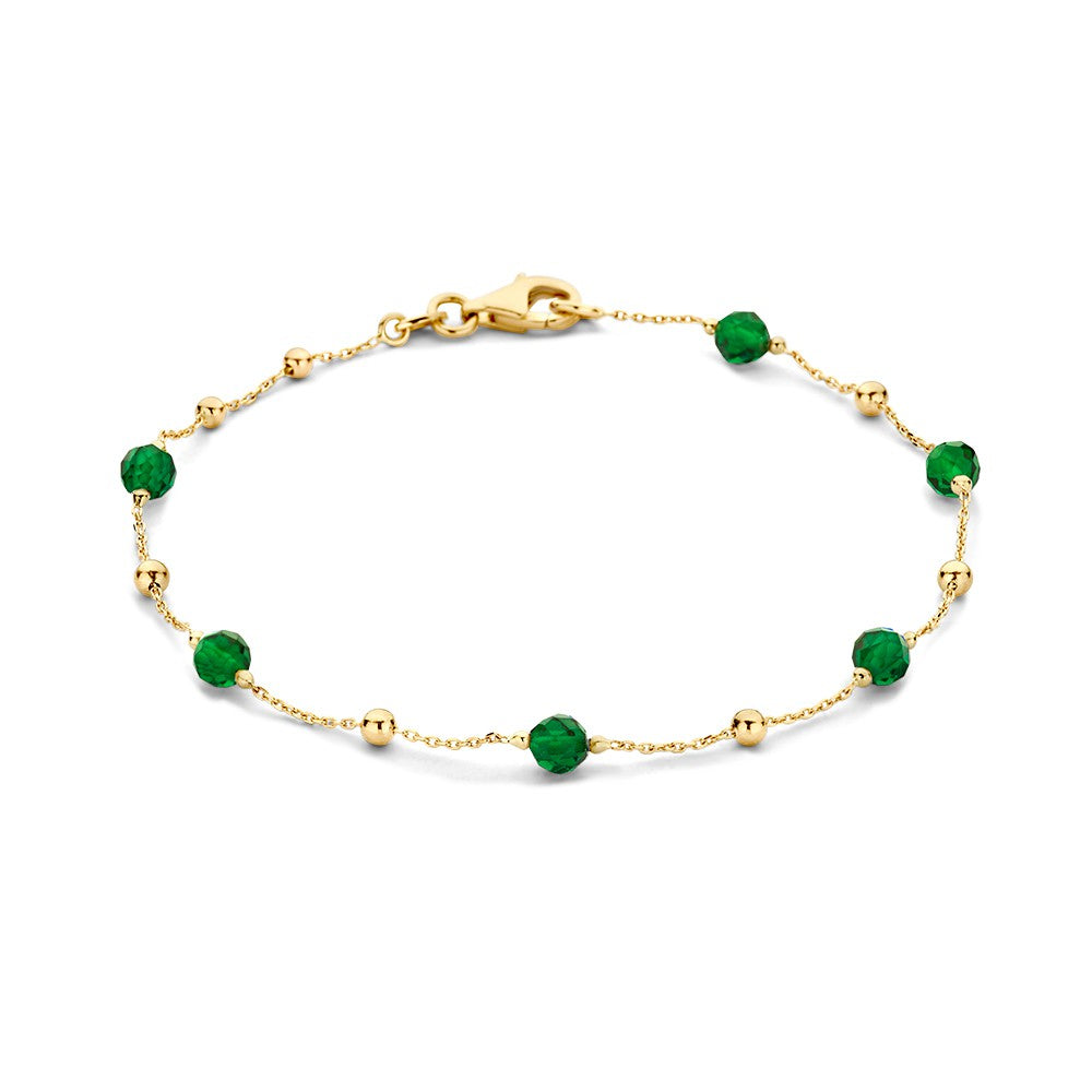 Gelbgoldene Armband mit dunkelgrünen Zirkonia-Kugeln und goldenen Zwischenperlen, 19 cm lang
