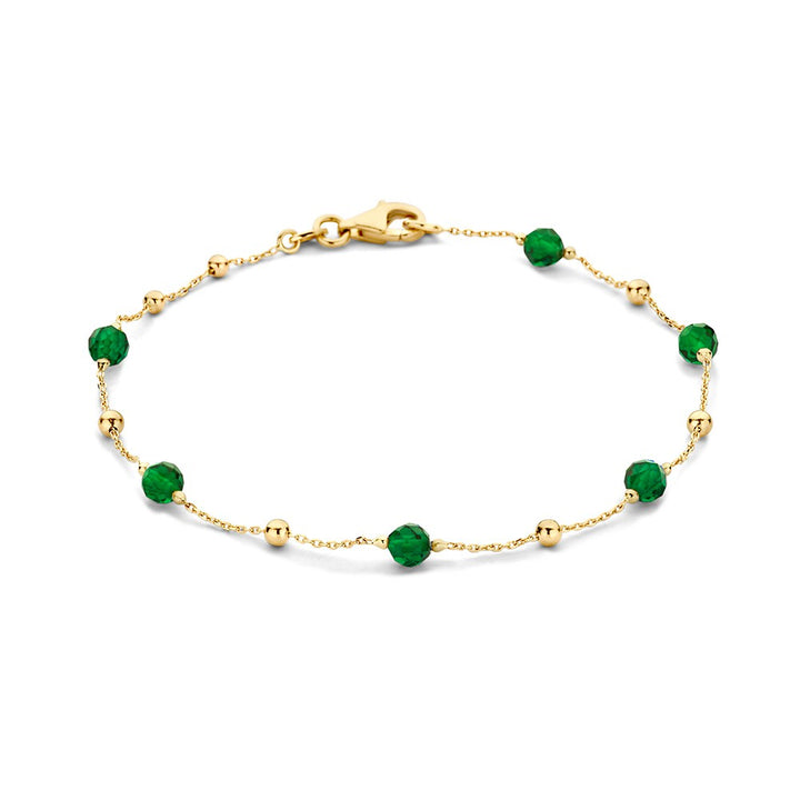 Geelgouden Armband met Donkergroene Zirkonia Bolletjes – 14 Karaat Damesarmband 19 cm