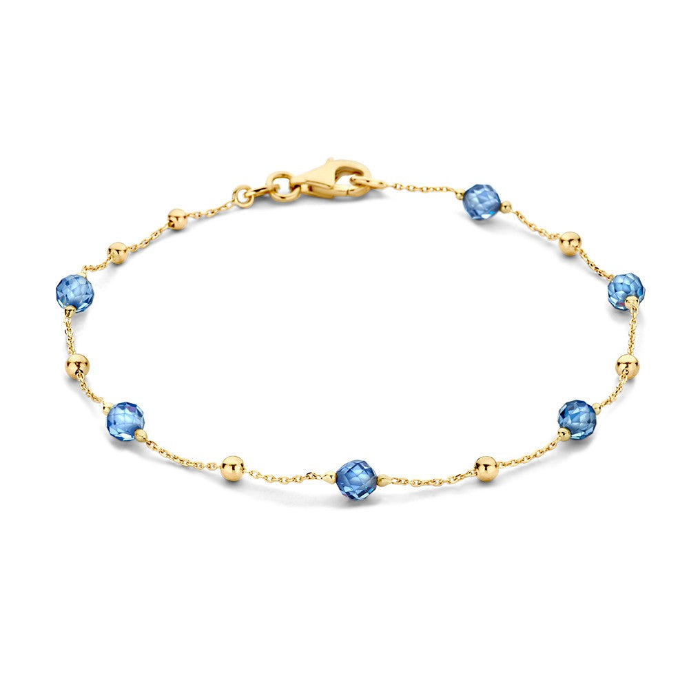 Gelbgoldene Armband mit dunkelblauen Zirkonia-Kugeln, 19 cm lang, mit feinen goldenen Details