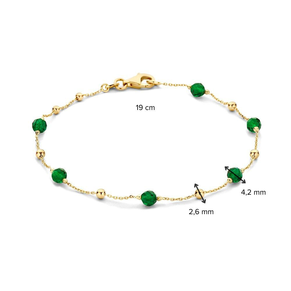 Gelbgoldarmband mit dunkelgrünen Zirkonia-Kügelchen – 14 Karat Damenarmband 19 cm