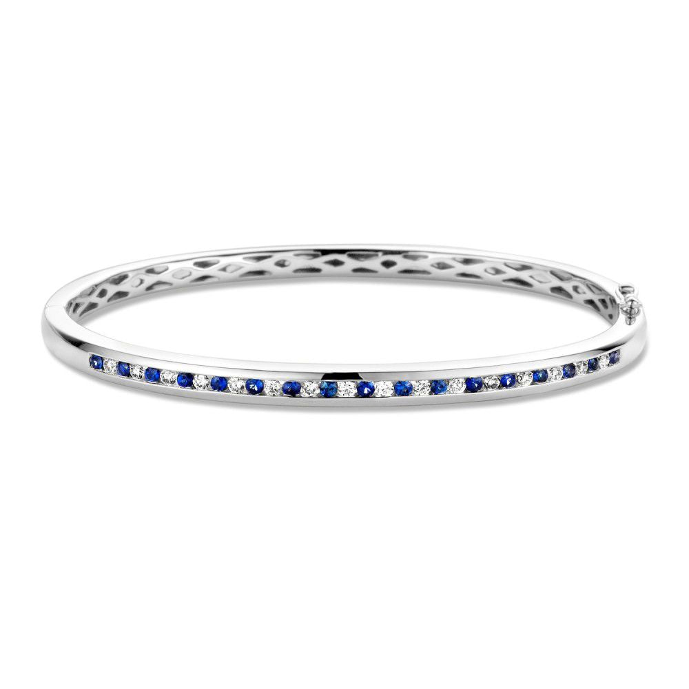 Witgouden Slavenarmband mit blauen Saphiren und Diamanten, 14 Karat, 60x51 mm