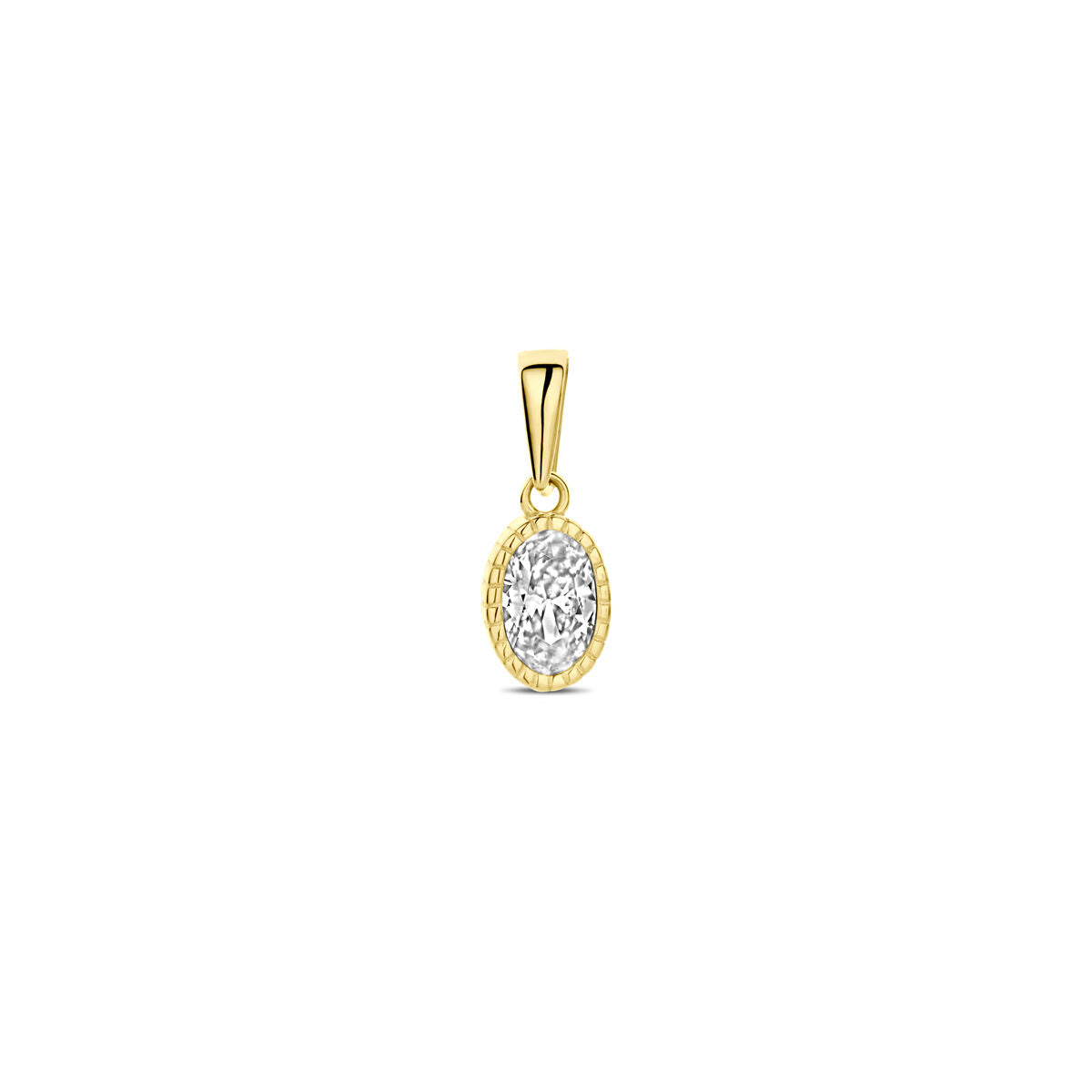 Hänger aus 14K Gelbgold mit ovalem Zirkonia von 13,5 mm, umgeben von einer feinen Fassung
