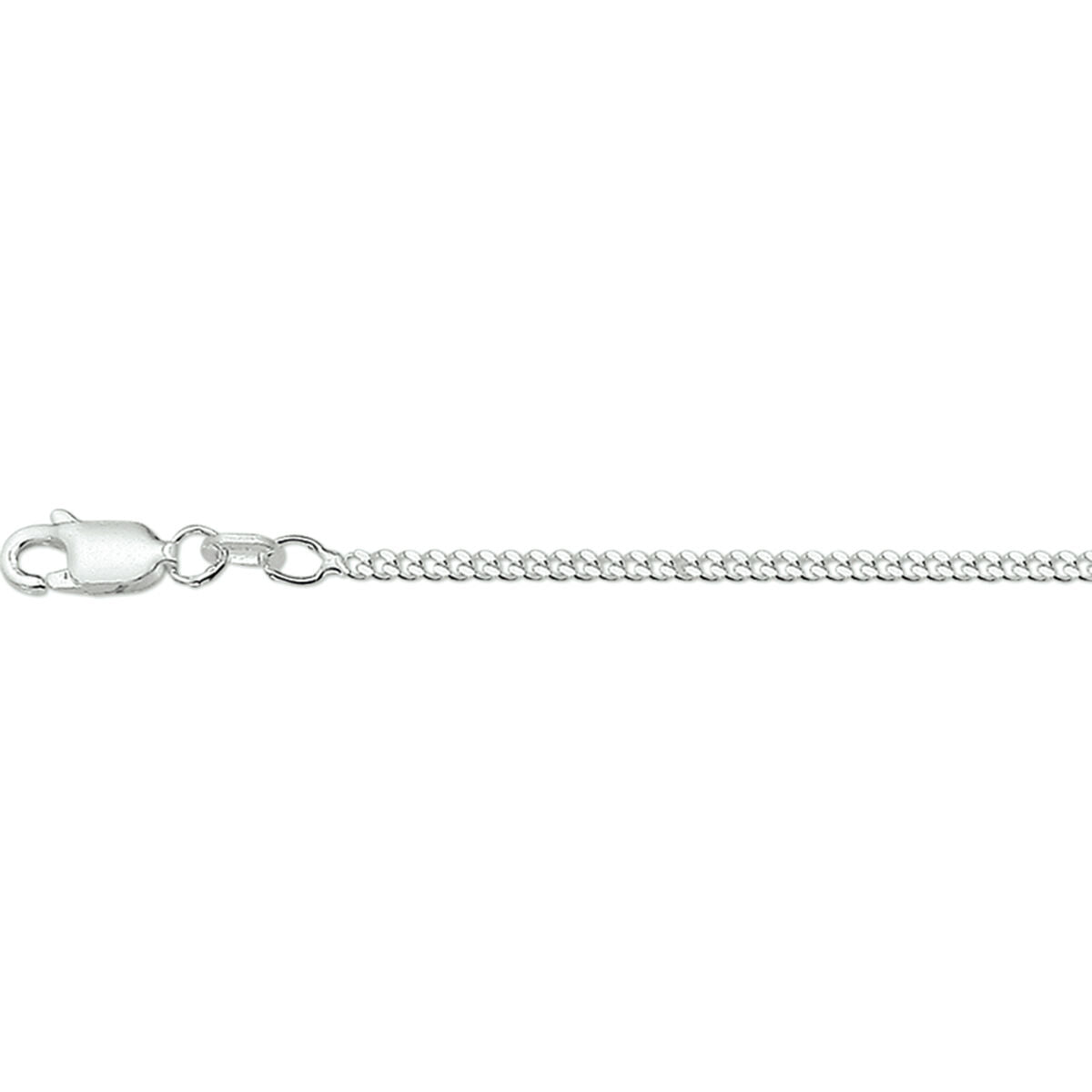 Een close-up van de Van der Kooij Collectie collier gourmette 4-zijdes geslepen 2,1mm zilver wit met kleine, gelijkmatige en strak aangesloten schakels en een karabijnsluiting op een witte achtergrond. Geschikt als unisex ketting.