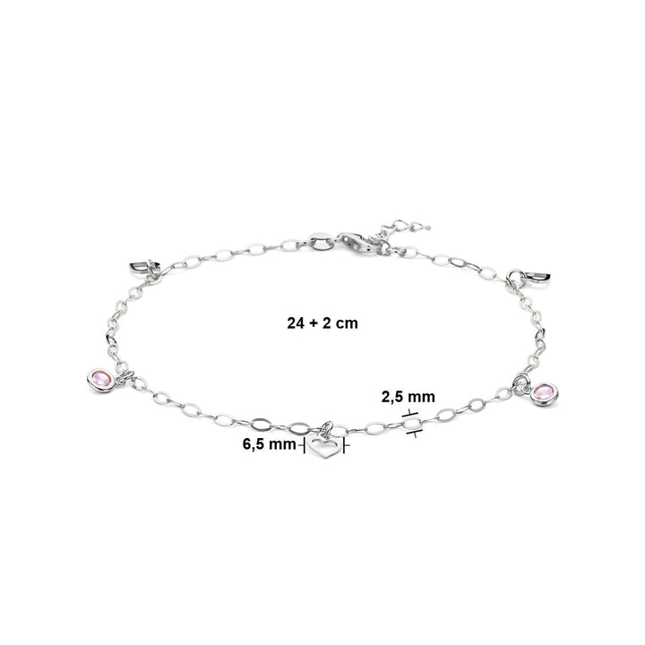 Silbernes Fußkettchen Herz und rosa Zirkonia 24 + 2 cm