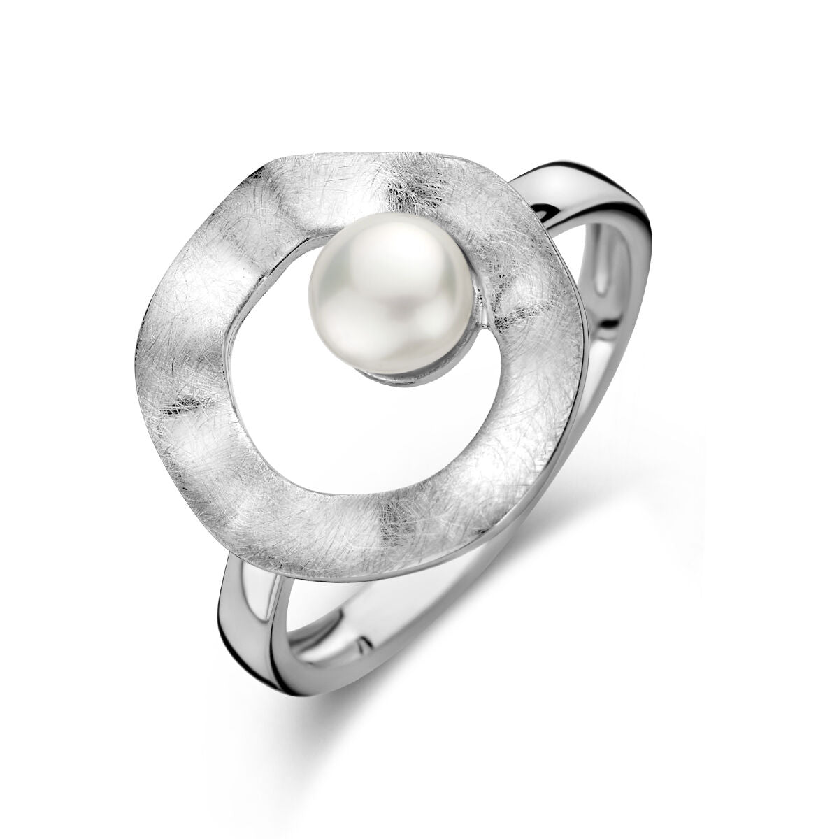Ring aus rhodiniertem Silber mit einer runden, geschliffenen Oberfläche und einer Perle in der Mitte