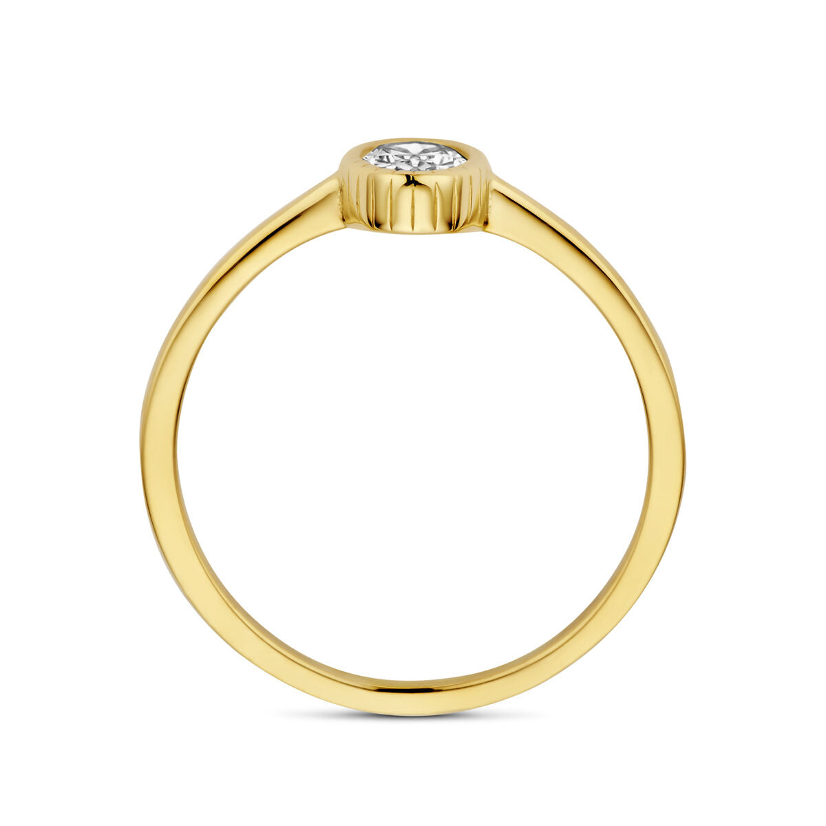De Van der Kooij Collectie ring zirkonia 14K geelgoud is een damesring met een dunne band en een ronde, bezel-gezette zirkonia als middelpunt.